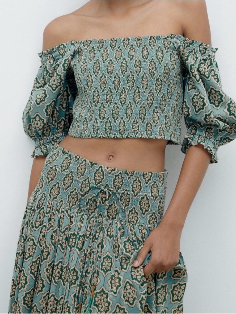 Zara Teal Patterned Off-Shoulder Smocked Crop Top
